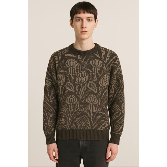 Vintage 80s Grandpacore Knit Sweater Brown Floral Medium London Fog USA Unisex - Picture 1 of 11